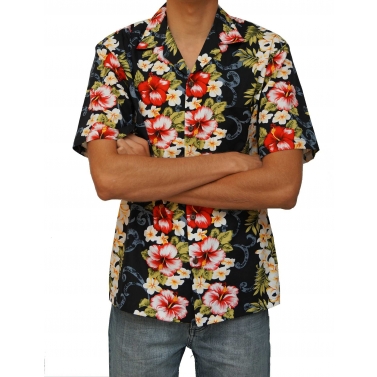Chemise hawaienne noire  fleurs