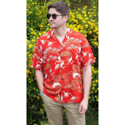 Chemise Hawaïenne Vintage Manhattan Années 50-60 En Rayon - Imprimé Oiseau Grue, Taille L