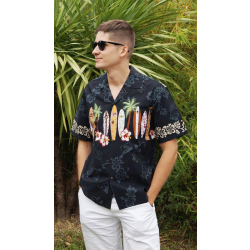 Chemise Hawaienne SURF BOARD BEACH noire