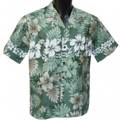 Chemise Hawaienne Hibiscus and Fern Green