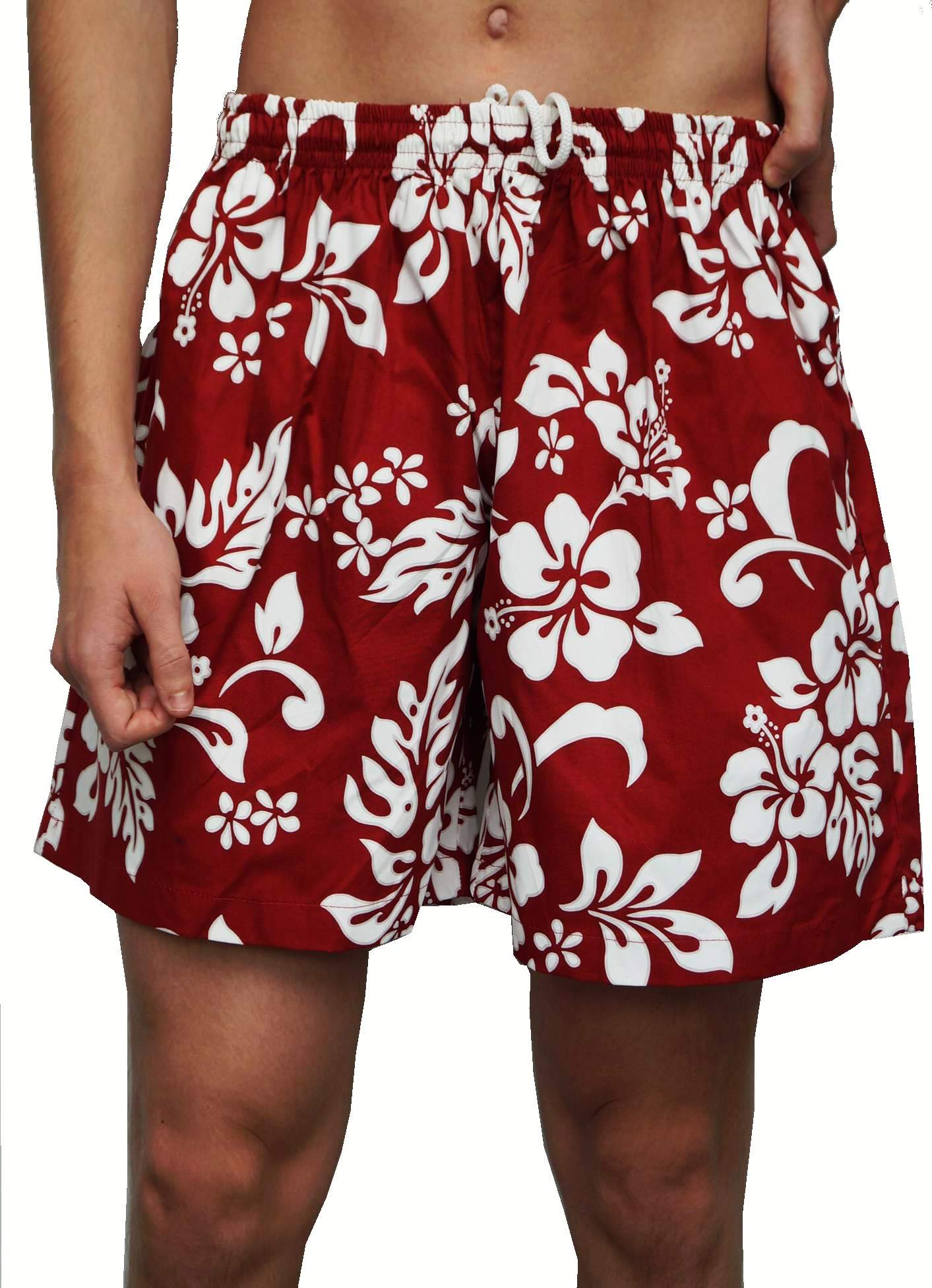 Short à fleurs d'été Hawaien rouge en coton. Vêtement Tahitien