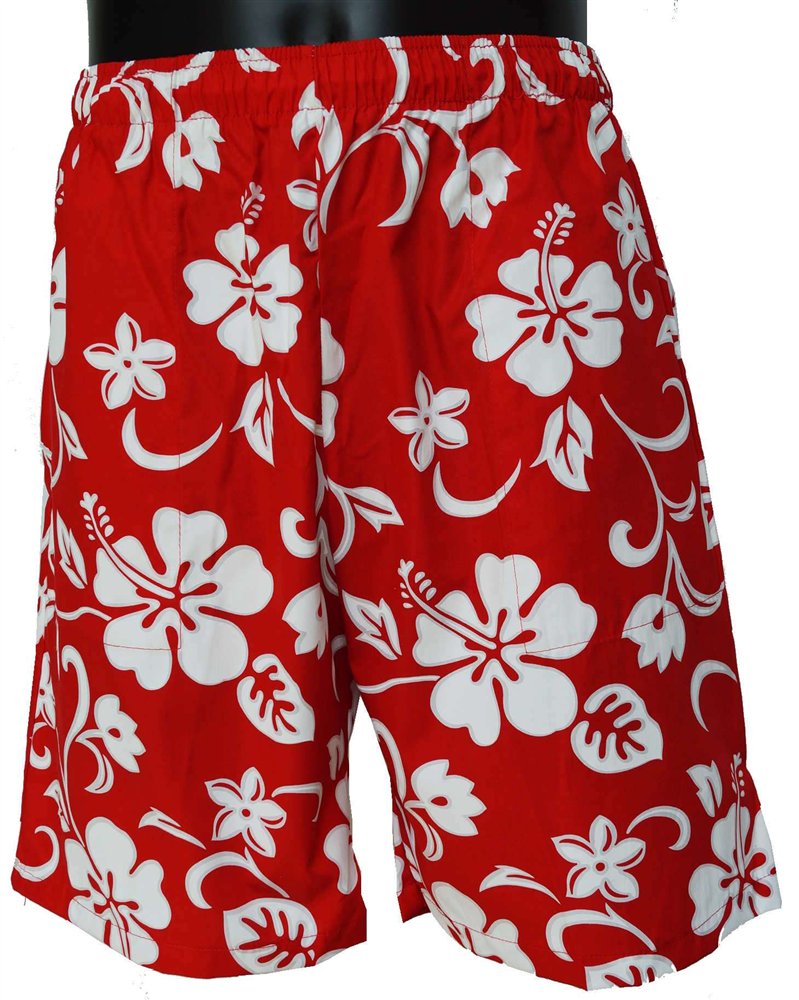 Short Hawaien rouge en coton fleurs d Hawai