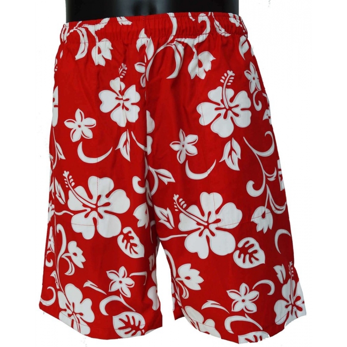 Short Hawaien rouge en coton fleurs d'Hawai
